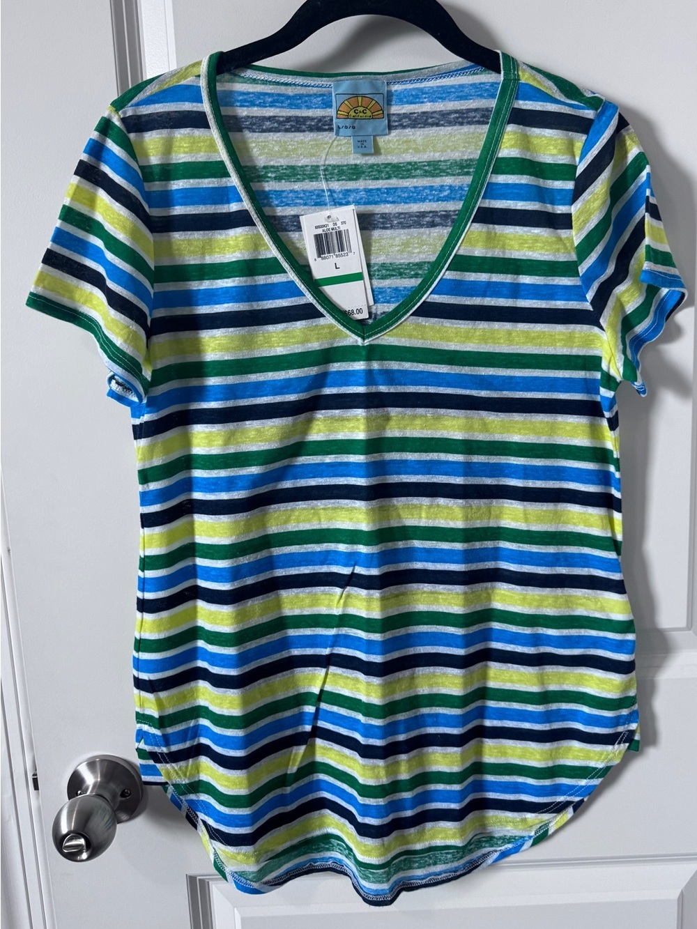 NWT-C&C California Striped V-Neck Tee in Blue, Green & White-Large